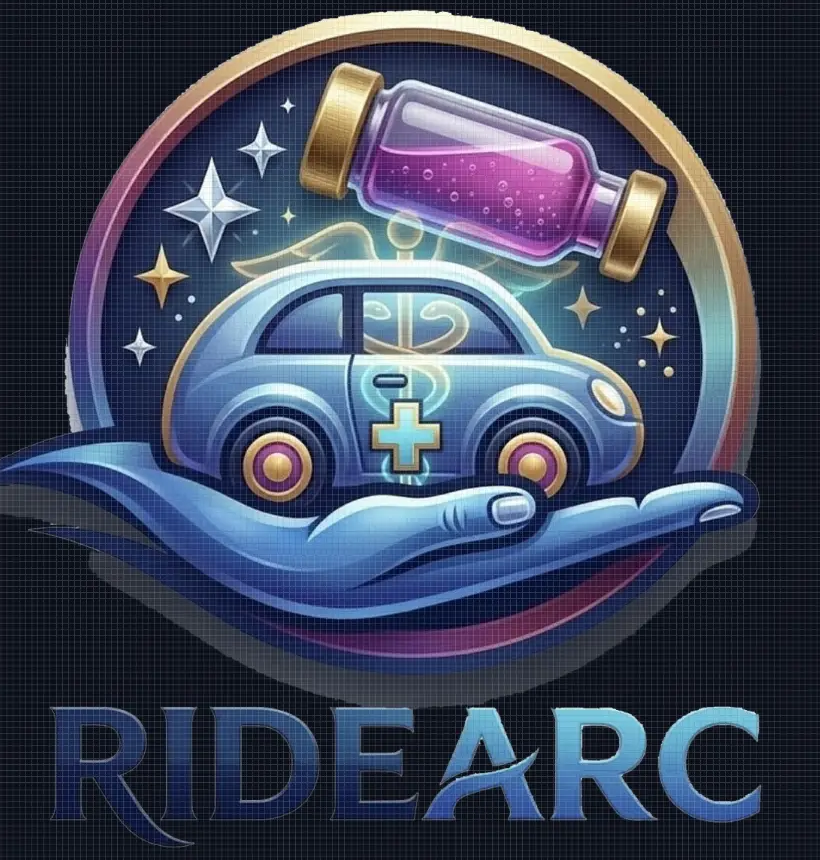 RideArc — car carried on an open hand inside a golden arc